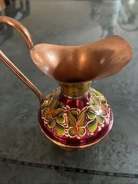 Handpainted Copper Pitcher with Butterfly Motif - Red & Green